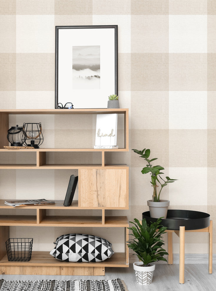 Checkered Fabric Look Large Peel and Stick Vinyl Wallpaper, Beige, 24"x108"