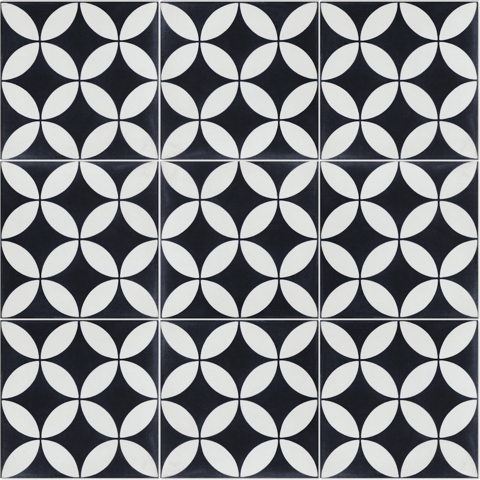 8"x8" Circulous Black and White Evening Cement Tiles, Set of 16