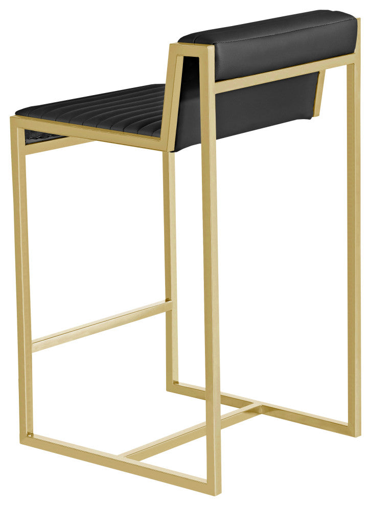 Giza Counter Stool, Brushed Gold Counter Stool, Faux Leather Ribbed Seat, Black
