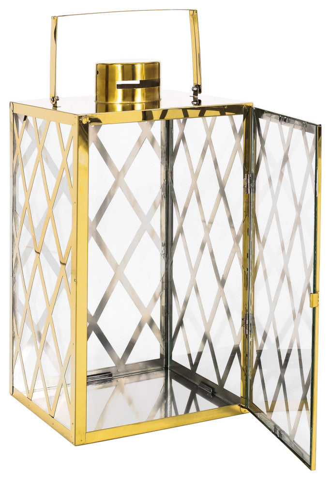 Cecil Outdoor 18" Modern Stainless Steel Lantern, Gold