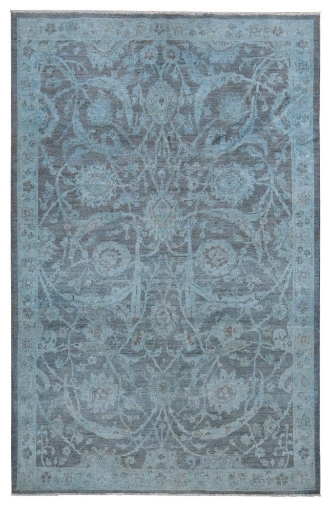 Arctic Blue, Silver Wash Peshawar, Hand Knotted, Pure Wool, Rug, 5'9"x9'