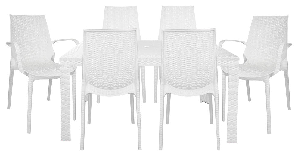 LeisureMod Kent 7-Piece Dining Set with 4 Side Chairs 2 Arm Chairs, White