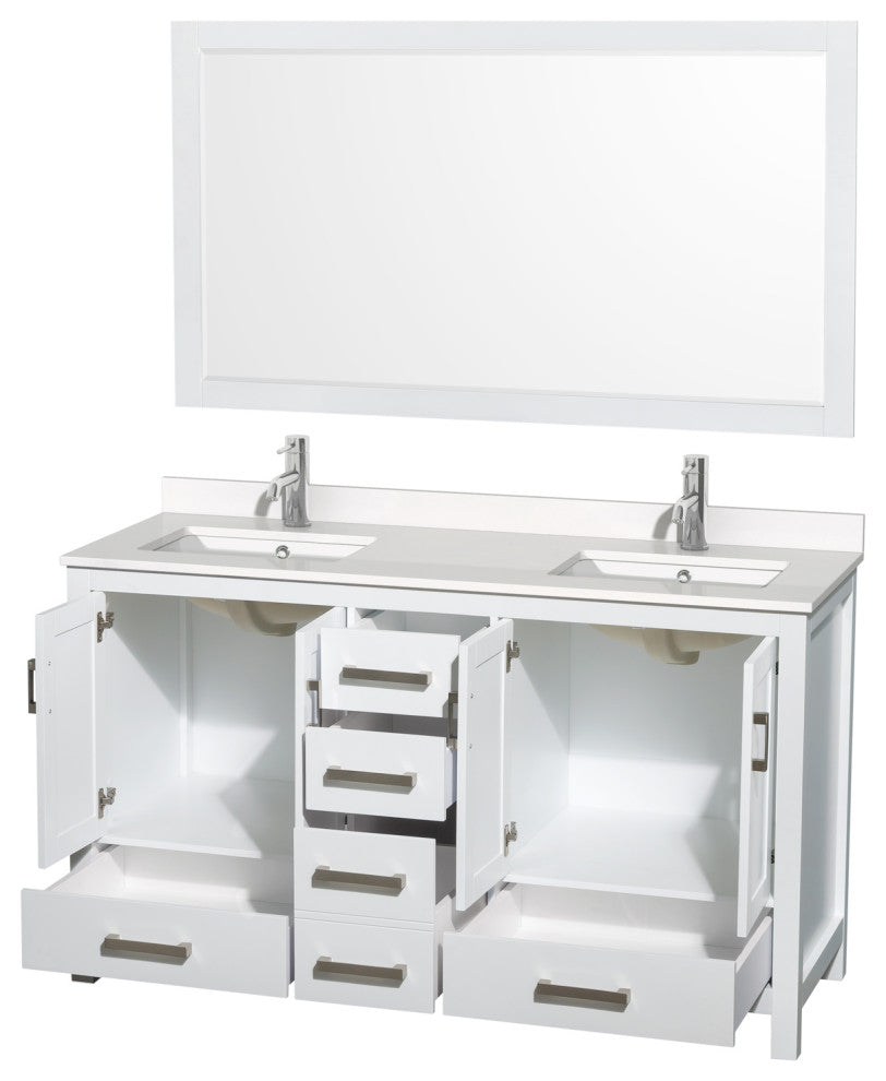 Sheffield 60" White Double Vanity, White Quartz Top, Square Sinks, 58" Mirror