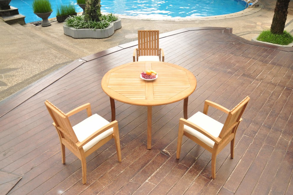 4-Piece Outdoor Teak Dining Set: 52" Round Table, 3 Goa Stacking Arm Chairs