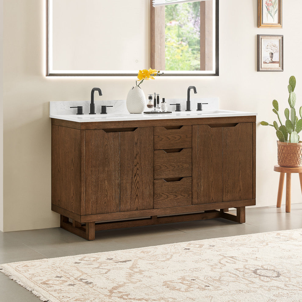 Mowry Bathroom Vanity, Brown Brushed Oak, 60", No Mirror