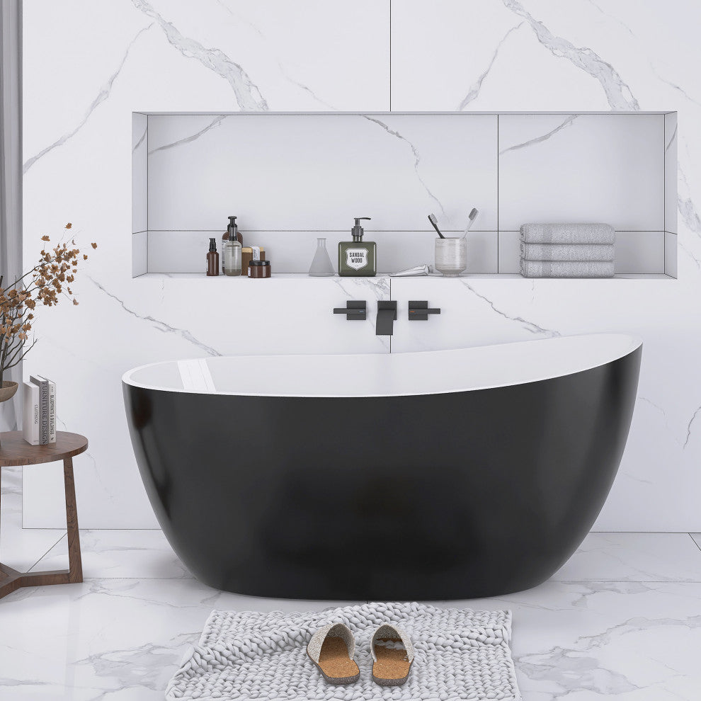 Acrylic Slipper Freestanding Flatbottom Soaking Bathtub, Black, 59"29"