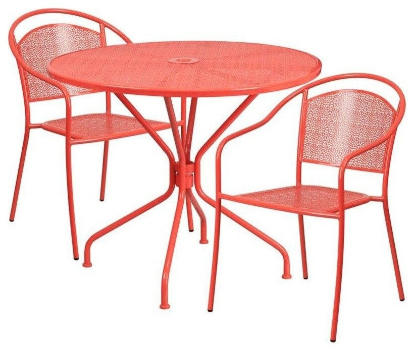 35.25'' Round Indoor-Outdoor Steel Patio Table and 2 Round Back Chairs, Coral