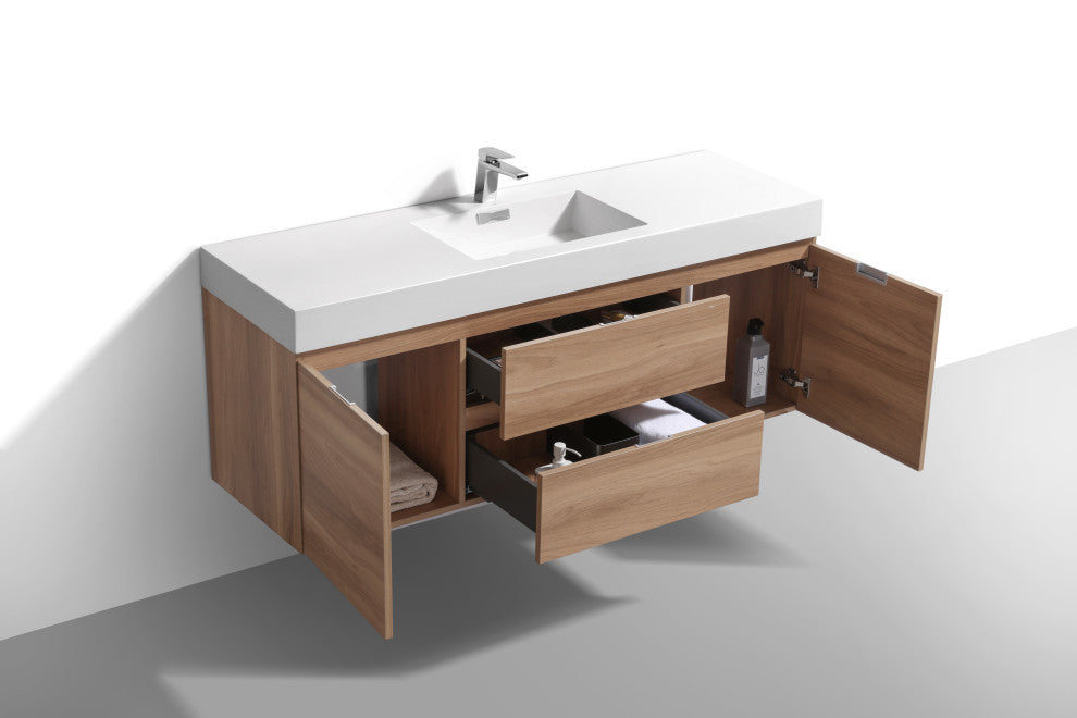 Bliss 60'' Wall Mount Single Sink Modern Bathroom Vanity, Honey Oak