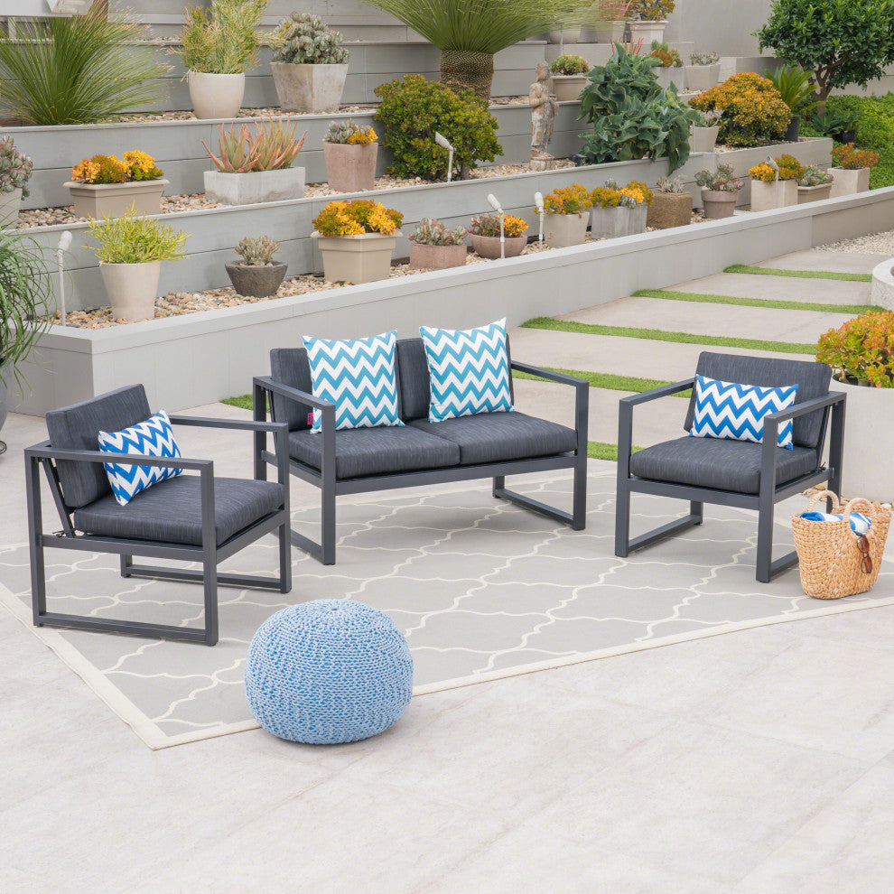 GDF Studio Navan Outdoor 4 Seater Aluminum Chat Set, Silver/Dark Gray Cushions