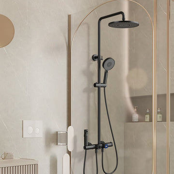 Exposed 4-Function Thermostatic Shower System with Spray Gun and Tub Spout, Matte Black