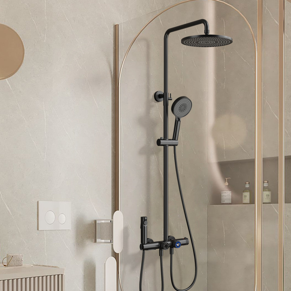 Exposed 4-Function Thermostatic Shower System with Spray Gun and Tub Spout, Matte Black