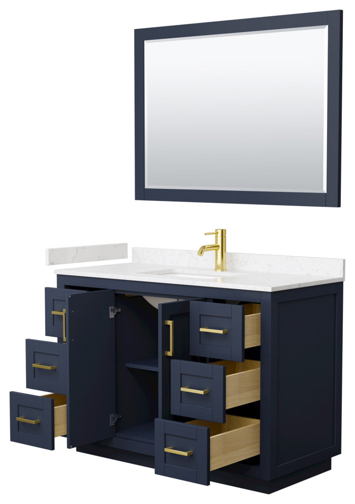 48"SGL Vanity Dark Blue, LV Carrara Cult. Top, Sink, Gold Trim, 46"Mirror