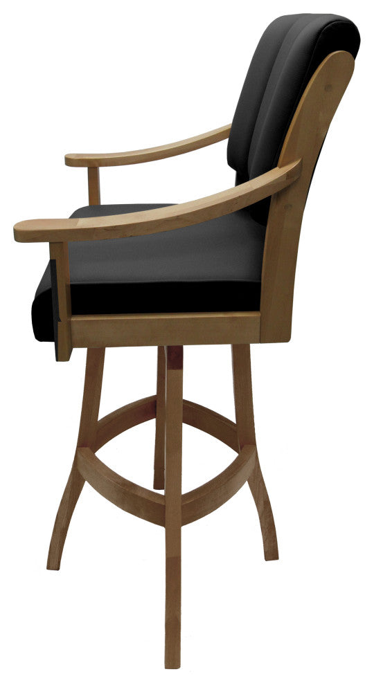 Leather Swivel Wood Bar Stool Casa on S-Base, Black Leather on Honey, 34"