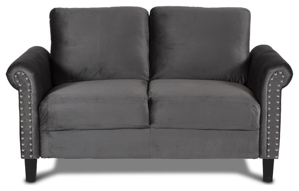 Benzara BM271912 60" Velvet Upholstered Loveseat With Nailhead Trim, Gray