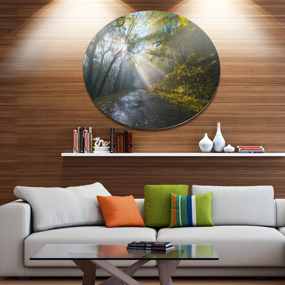 Road In Autumn Forest At Sunset, Landscape Art Disc Metal Wall Art, 38"