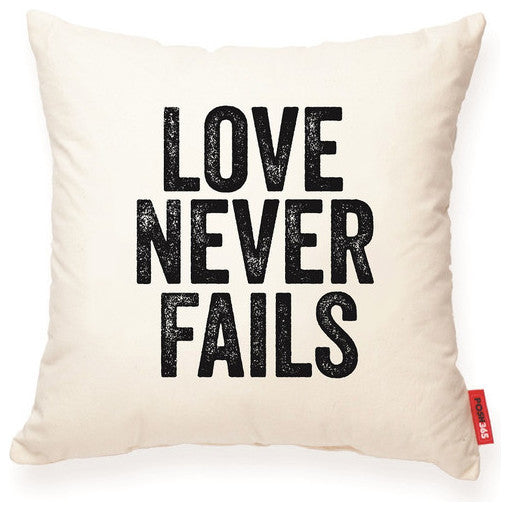 "Love Never Fails" Decorative Throw Pillow in Cream Muslin