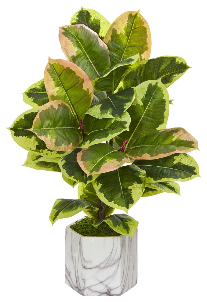 Nearly Natural Rubber Leaf Artificial Plant Marble Finished Vase (Real Touch)