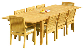 9-Piece Teak Dining Set: 122" X-Large Rectangle Table, 8 Lev Stacking Arm Chairs