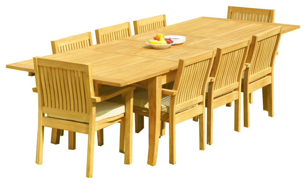 9-Piece Teak Dining Set: 122" X-Large Rectangle Table, 8 Lev Stacking Arm Chairs