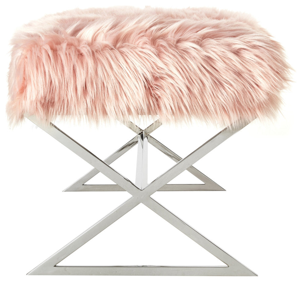 Oria Faux Fur X-Leg Base Bench, Rose and Chrome