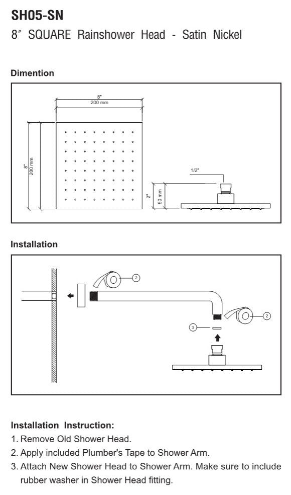 MODONA's 8" SQUARE Rain Shower Head -, Satin Nickel