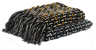Modern Interwoven Throw Blanket with Fringe, Black/Blue/White
