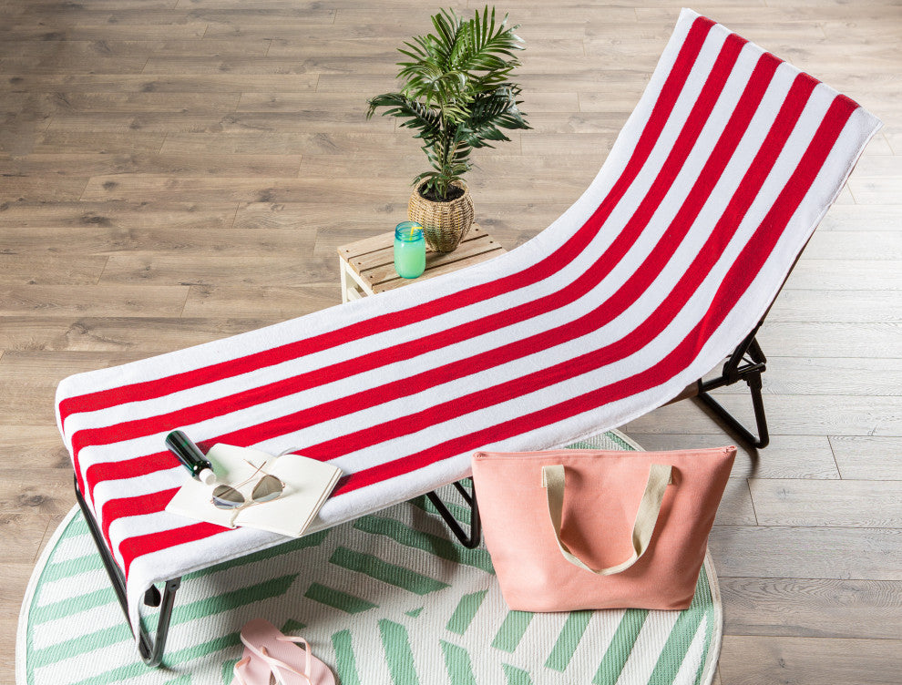 Red Stripe Lounge Chair Beach Towel With Top Fitted Pocket 26X82