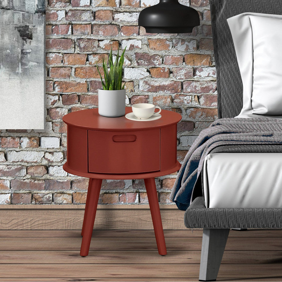 Gordon Round Night Stand End Table With Drawer, Burgundy Finish