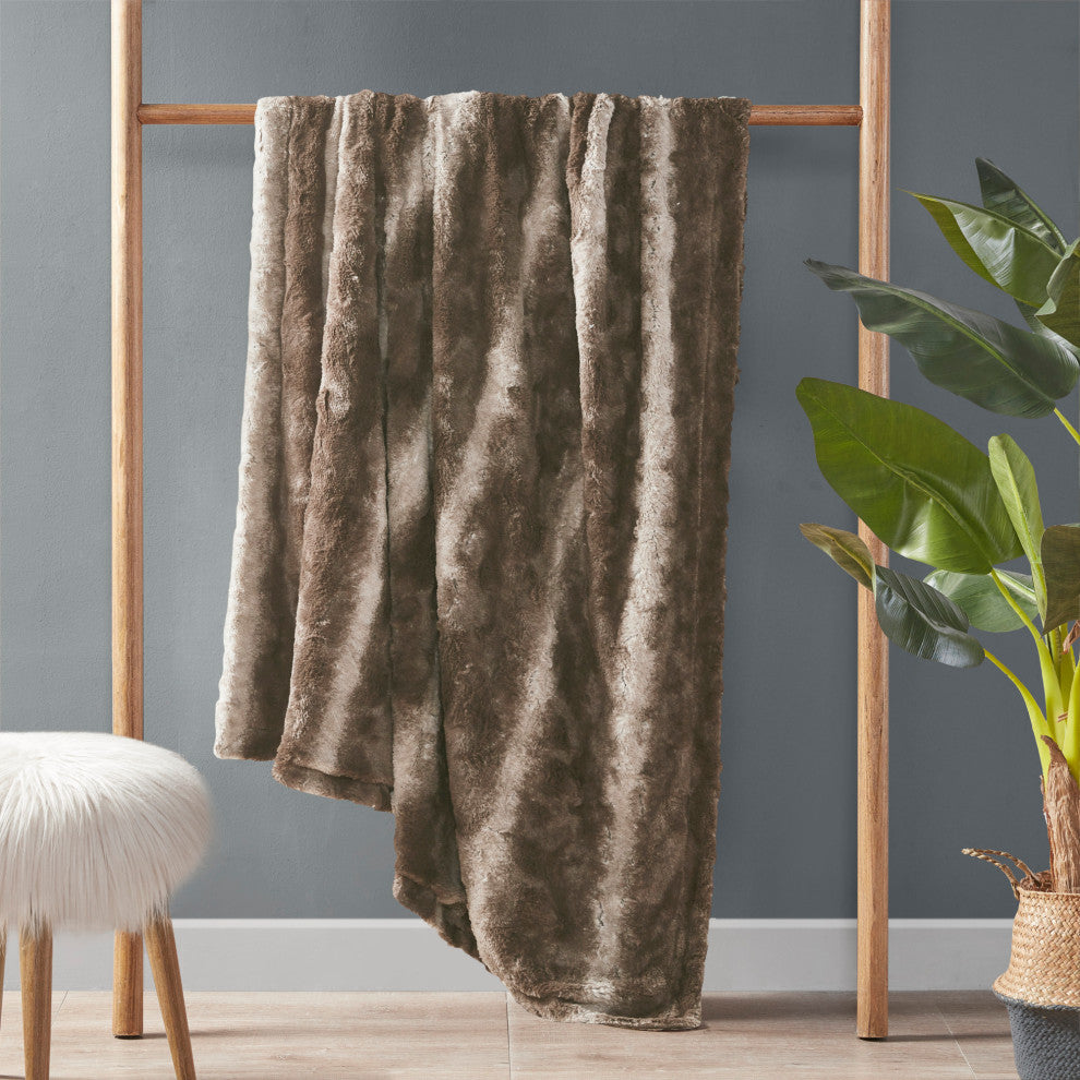 Madison Park Faux Tip Dyed Brushed Long Fur Throw, Brown
