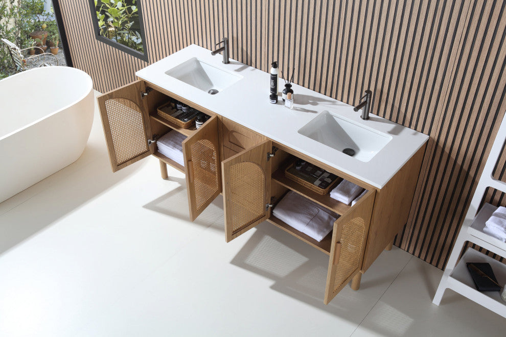 Nara Mid-Century Freestanding Bathroom Vanity, Pecan Oak, 72"