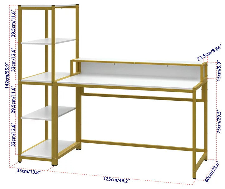 Multifunctional Desk, Golden Metal Frame & Spacious Top With Raised Shelf, White