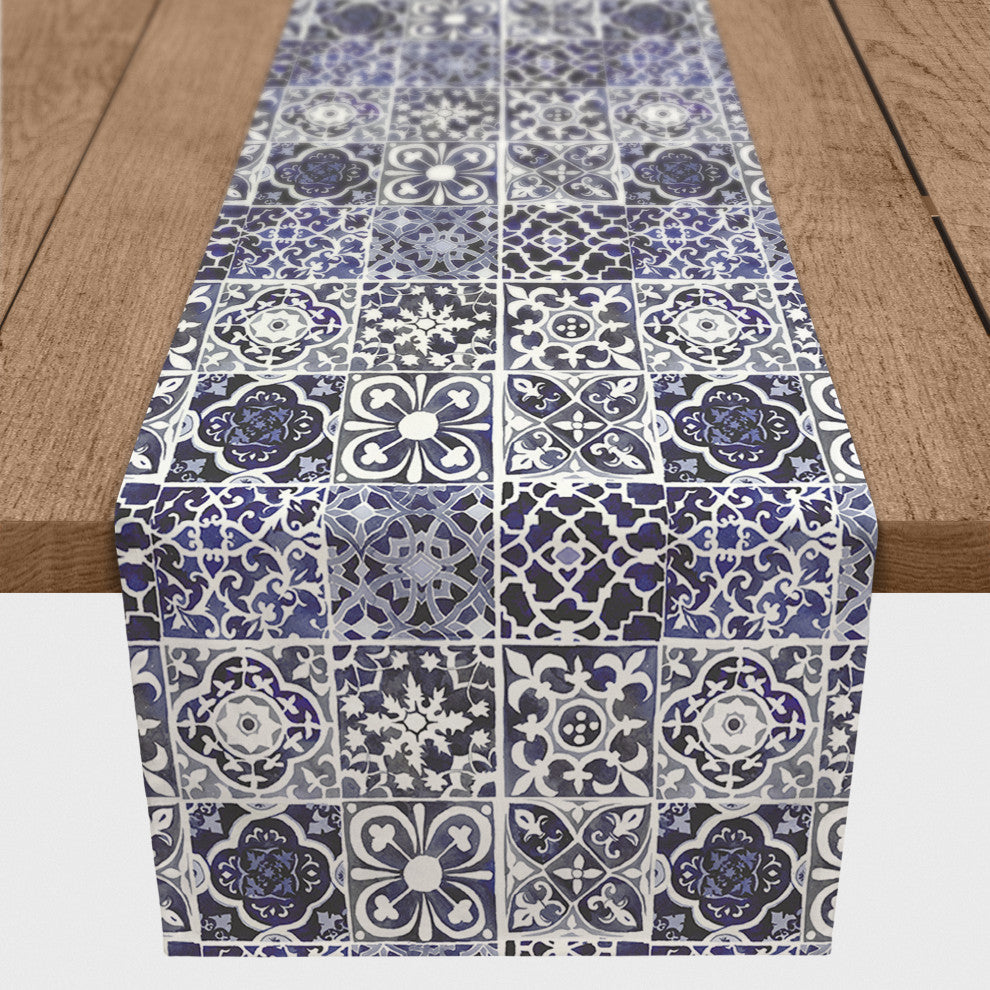 Blue Tiles Pattern 16x90 Poly Twill Table Runner