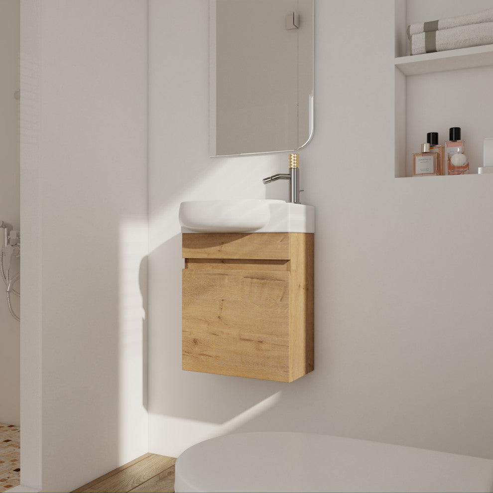Small Wall-Mounted Plywood Bath Vanity, Imitative Oak, Ceramic Sink