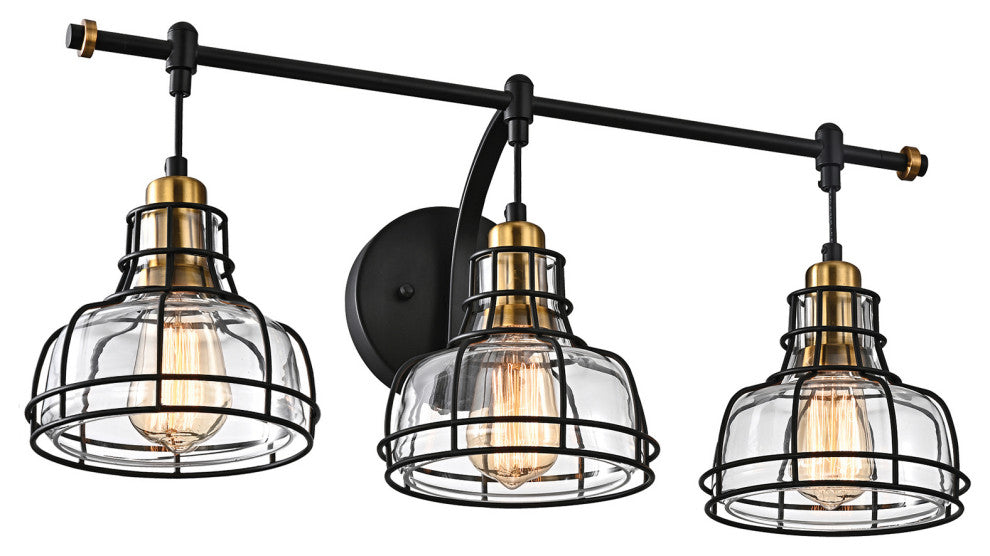 3-Light Black and Antique Gold Vanity With Clear Glass Shades