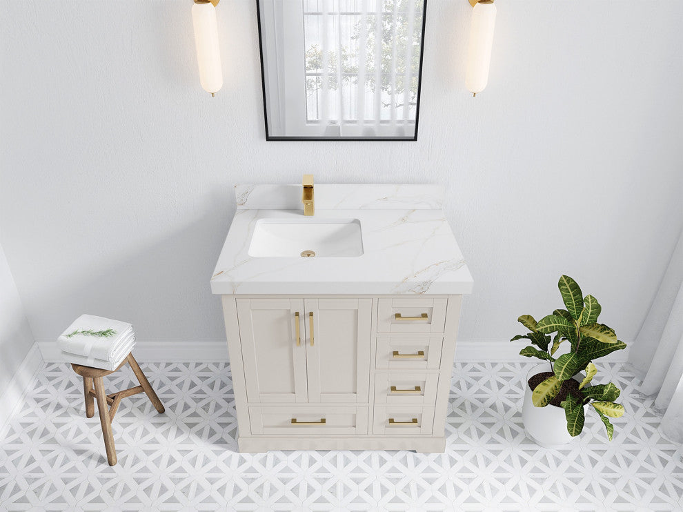 Boston 36" Left Offset Bath Vanity in Fine Grain 2" Calacatta Sienna
