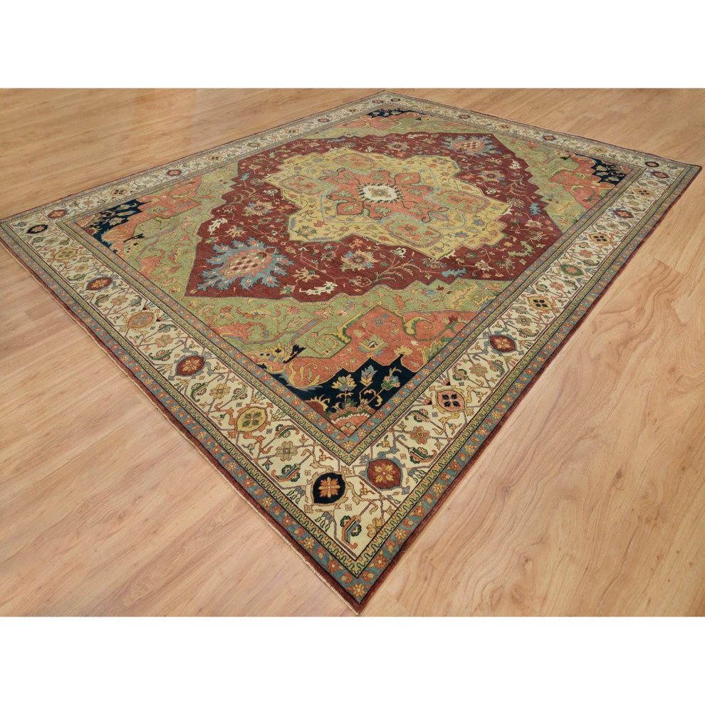 Red Heriz Re-Creation Pure Wool Hand Knotted Oversize Oriental Rug 12'x15'2"