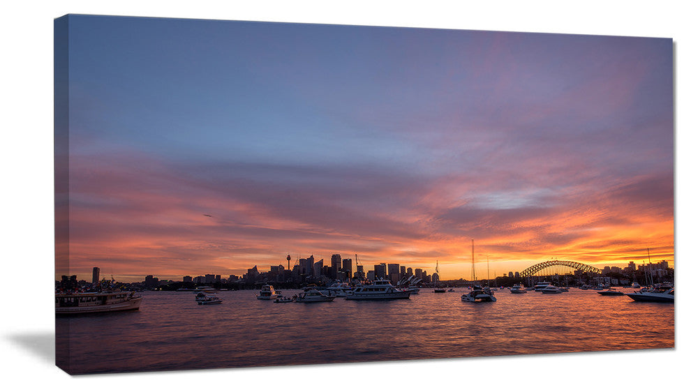 "Ferry in Sydney Harbor At Sunset" Landscape Art Print Canvas, 32"x16"