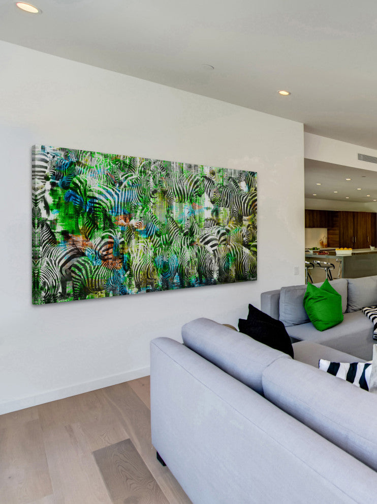 "Green Zebras" Print on Canvas, 24"x12"