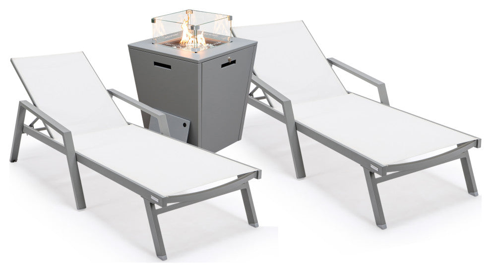 LeisureMod Marlin Chaise Lounge Set With Arms and Fire Pit Table, White