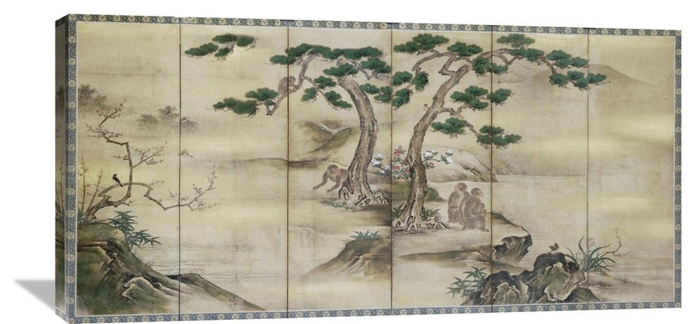 "Birds, Flowers and Monkeys Six-Panel Screen" Artwork, 40" x 19"