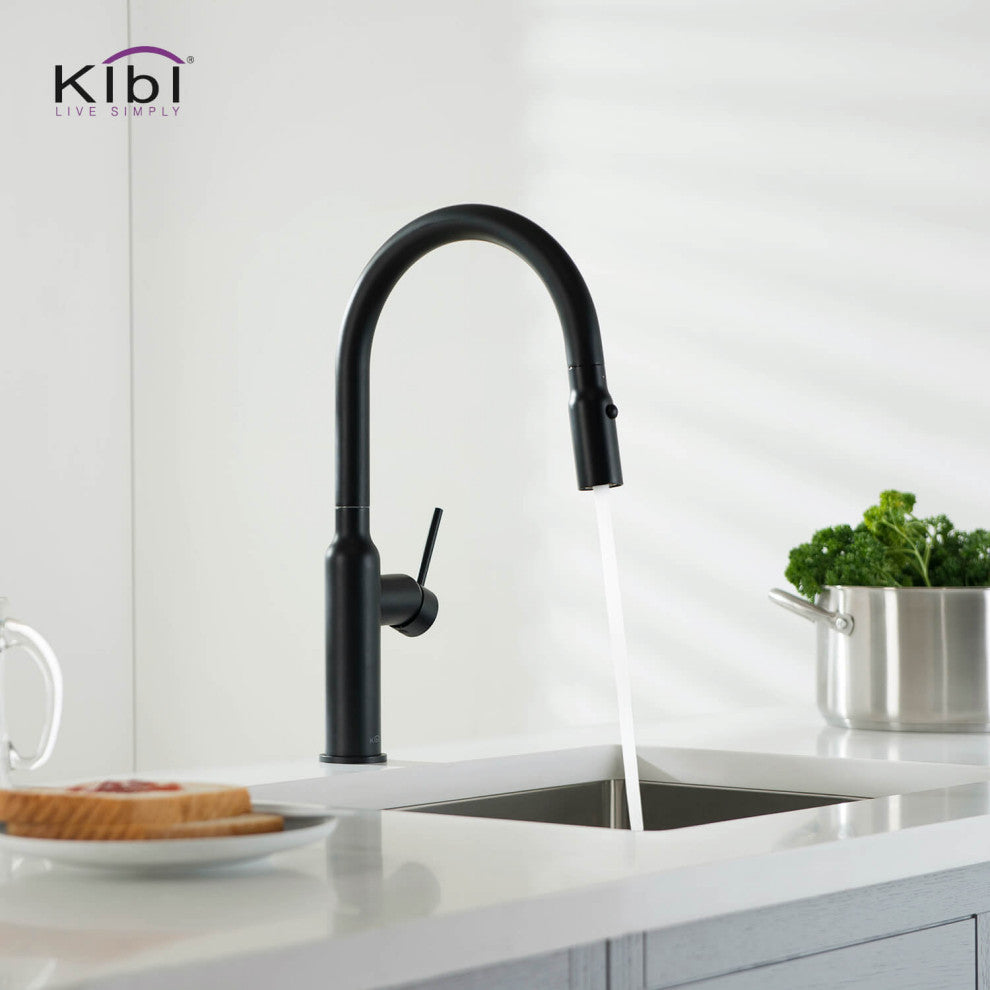 KIBI Hilo Single Handle Pull Down Kitchen Faucet, Matte Black, W/ Soap Dispenser