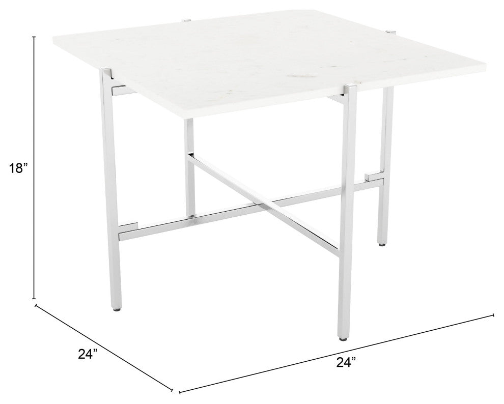Sofa Side Table, Square, Artificial Marble, Steel Metal, White, Silver, Chrome
