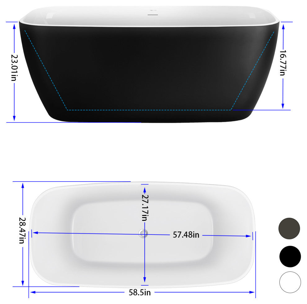59" Acrylic Roll-Top Flatbottom Non-Whirlpool Bathtub, Black