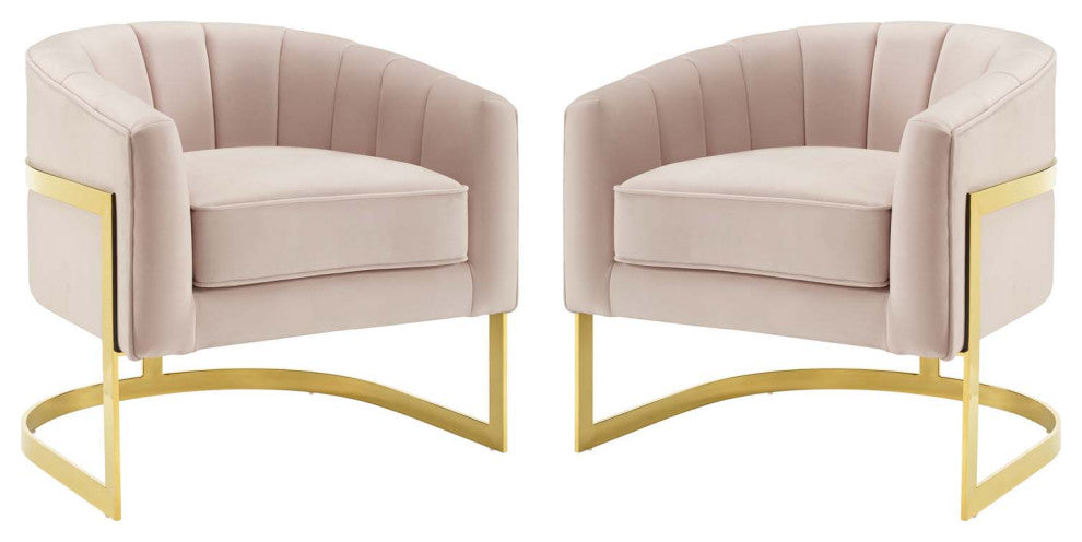 Armchair Accent Chair, Set of 2, Velvet, Metal, Pink, Modern, Lounge Hospitality