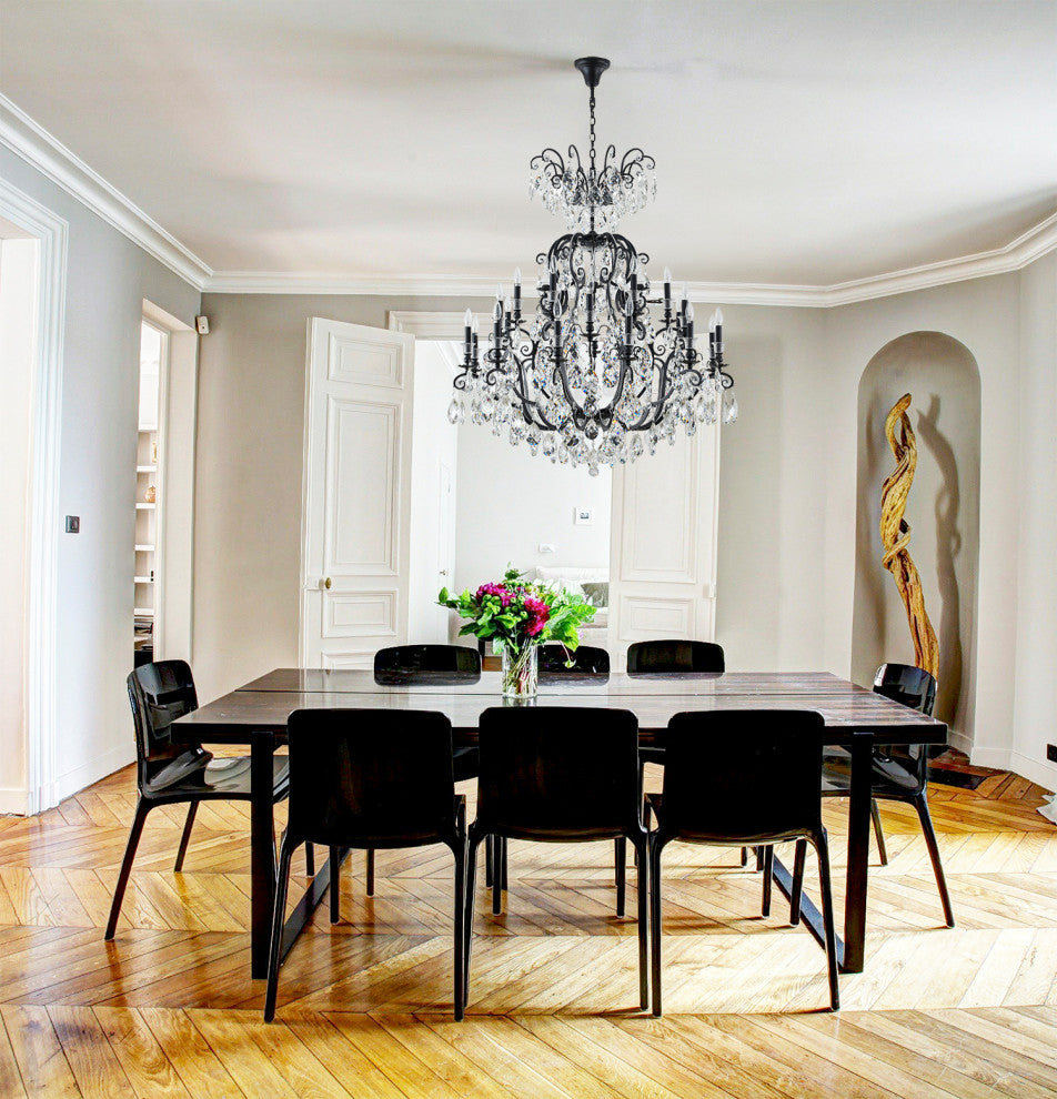 24-Light Matte Black Chandelier With Clear Hanging Crystals