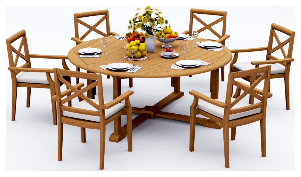 7-Piece Outdoor Teak Dining Set: 72" Round Table, 6 Grand Stacking Arm Chairs