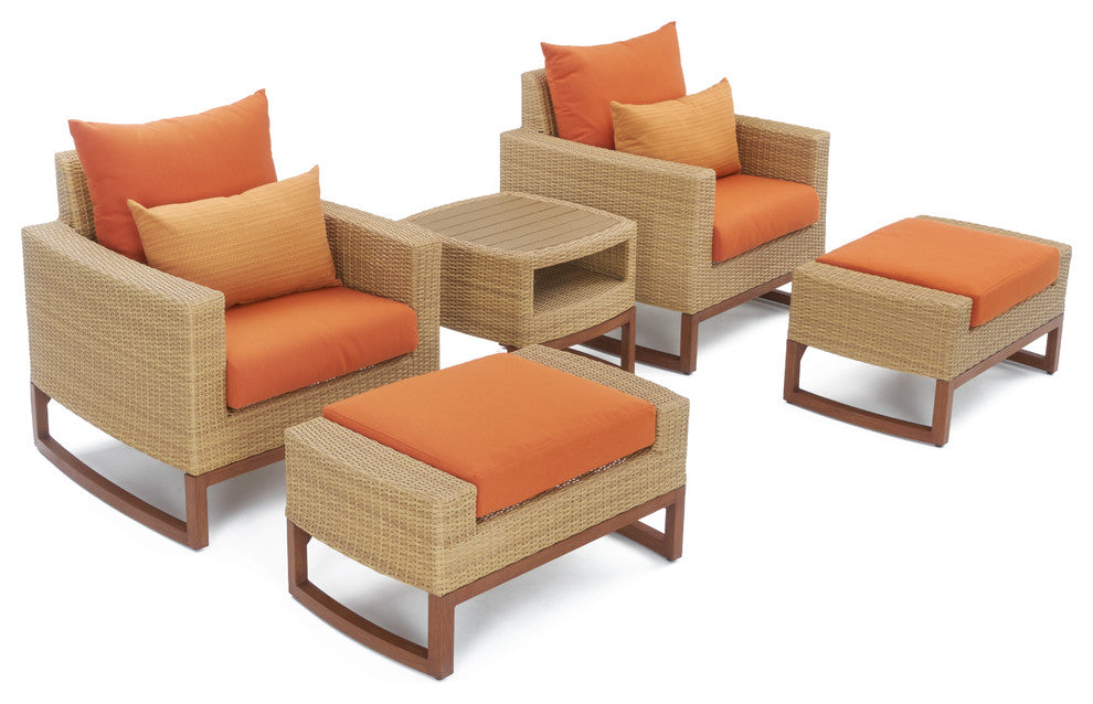 Milea 5 Piece Sunbrella Outdoor Patio Club Chair and Ottoman Set, Tikka Orange