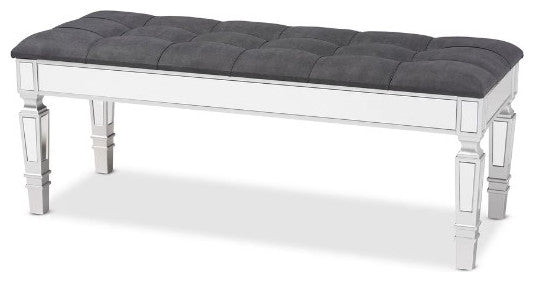 Contemporary Glam and Luxe Gray Fabric Upholestred Silver Finished Accent Bench