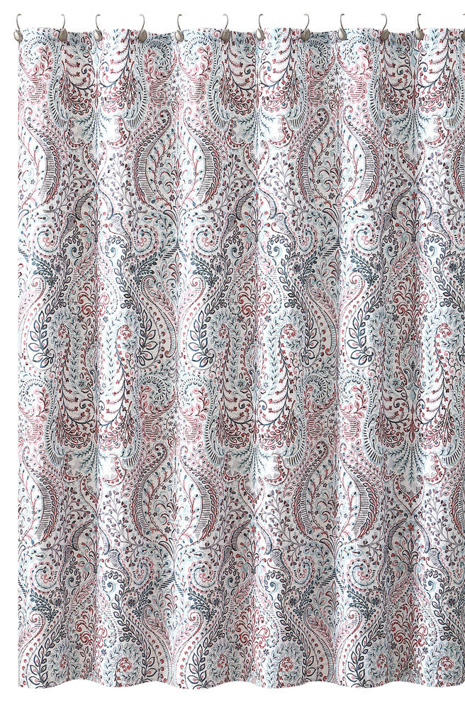 Floral Paisley Turquoise Pink Gray Fabric Shower Curtain
