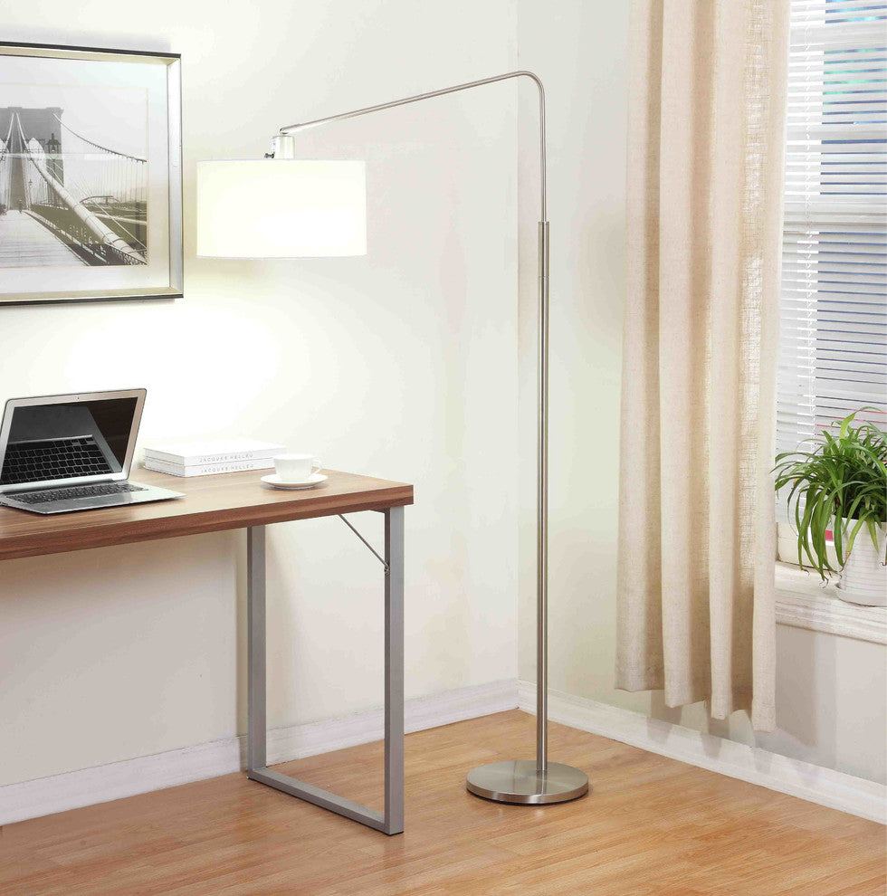64" Medium Arch Brushed Steel Telescope Reach Floor Lamp, White Shade